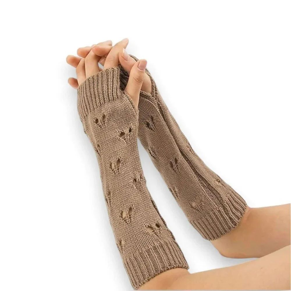 Brown Cut Out Heart Long Knit Fingerless Gloves Mittens NWT